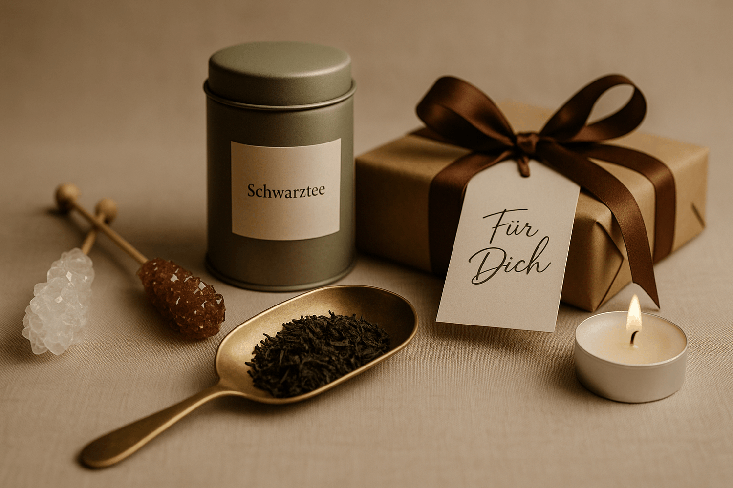 Stillleben mit goldener Teeschaufel, schwarzem Tee, Kandissticks, Teedose, Geschenk mit Schleife und brennender Kerze – feine Teegeschenkideen aus der Teeschale Prerow.